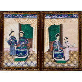 Pareja de pinturas al Gouache sobre papel, “Pareja de figuras de la nobleza” china siglo XIX