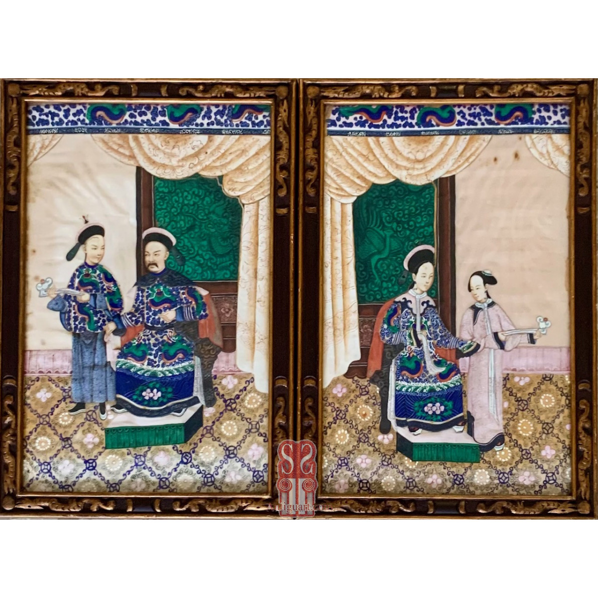 Pareja de pinturas al Gouache sobre papel, “Pareja de figuras de la nobleza” china siglo XIX