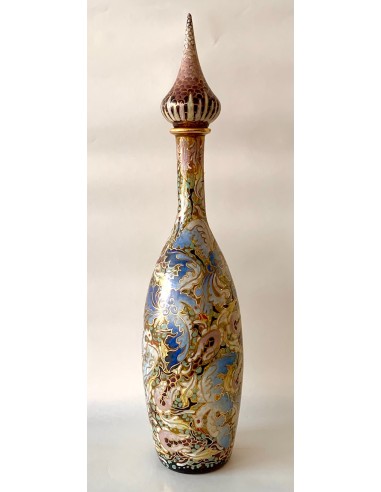 Bottiglia di vetro periodo liberty, disegni con motivi decorativi di uccelli smaltati e dorati