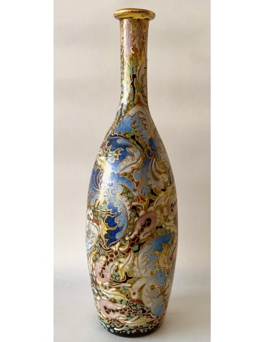 Art Nouveau glass bottle, decorated with decorative bird motifs enameled