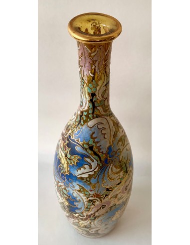 Art Nouveau glass bottle, decorated with decorative bird motifs enameled