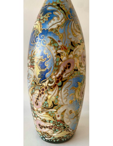 Art Nouveau glass bottle, decorated with decorative bird motifs enameled