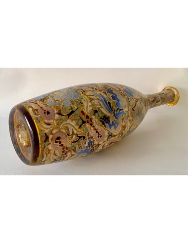 Art Nouveau glass bottle, decorated with decorative bird motifs enameled