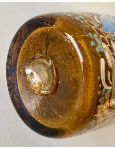 Art Nouveau glass bottle, decorated with decorative bird motifs enameled