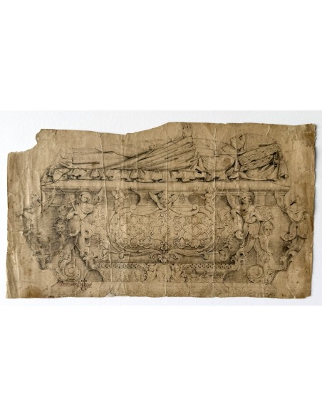 Dibujo al lápiz del siglo XIX de un sarcofago tumba papal barroco