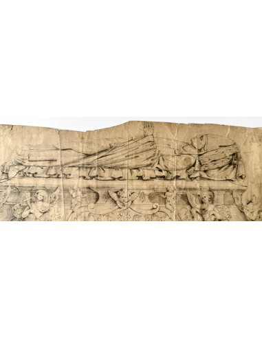 Dibujo al lápiz del siglo XIX de un sarcofago tumba papal barroco