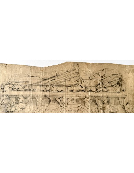Dibujo al lápiz del siglo XIX de un sarcofago tumba papal barroco