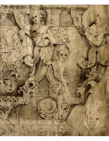 On sale Pencil and charcoal drawing on paper 19th papal marble sarcophagus.