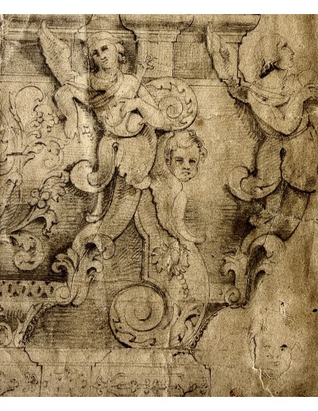 Dibujo al lápiz del siglo XIX de un sarcofago tumba papal barroco