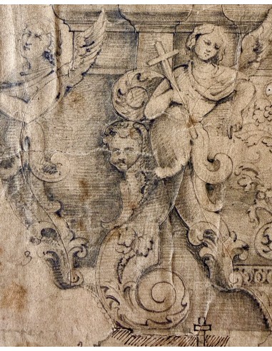 Dibujo al lápiz del siglo XIX de un sarcofago tumba papal barroco