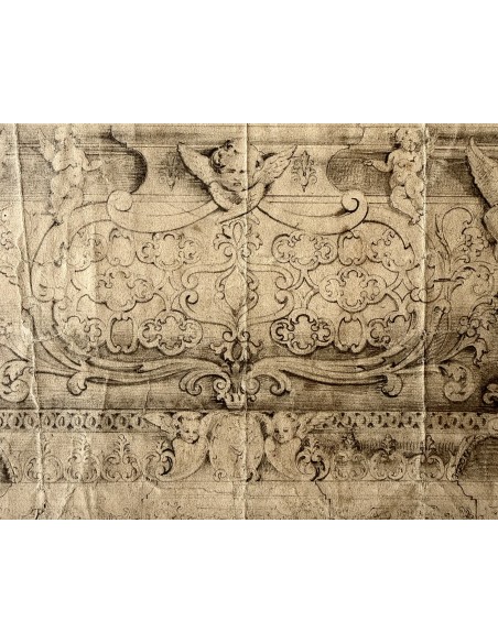On sale Pencil and charcoal drawing on paper 19th papal marble sarcophagus.