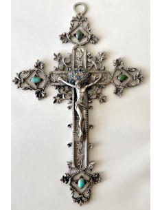Grande crucifijo de plata de ley con turquesas de principios del siglo XX.