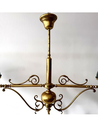 Original lampara de techo de época modernista tipo de billar de latón y opalinas.