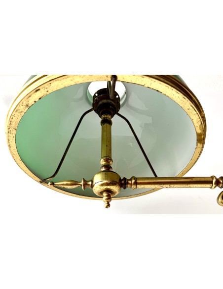 Original lampara de techo de época modernista tipo de billar de latón y opalinas.