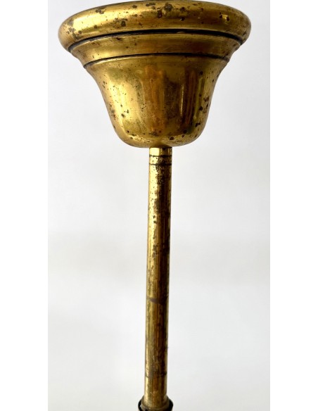 Original lampara de techo de época modernista tipo de billar de latón y opalinas.