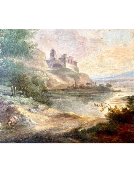 Pintura del siglo XVII atribuida a Jacques d'Arthois, paisaje fluvial óleo sobre tabla.