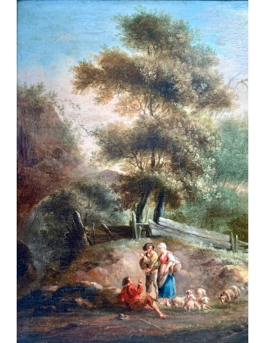 Pintura del siglo XVII atribuida a Jacques d'Arthois, paisaje fluvial óleo sobre tabla.