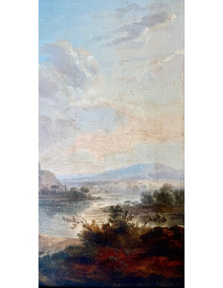 Pintura del siglo XVII atribuida a Jacques d'Arthois, paisaje fluvial óleo sobre tabla.