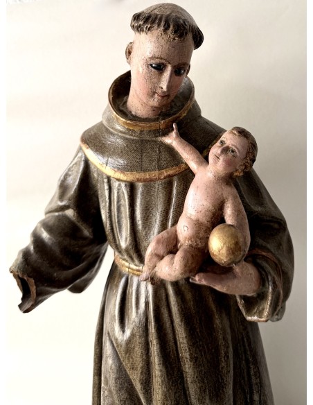 Talla de madera policromada de San Antonio de Padua del siglo XVIII en venta.