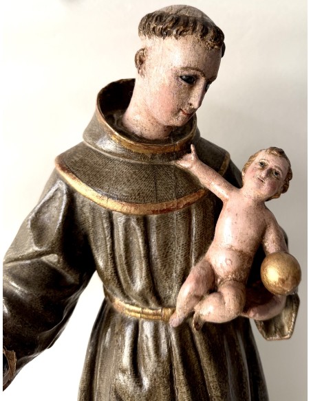 Talla de madera policromada de San Antonio de Padua del siglo XVIII en venta.