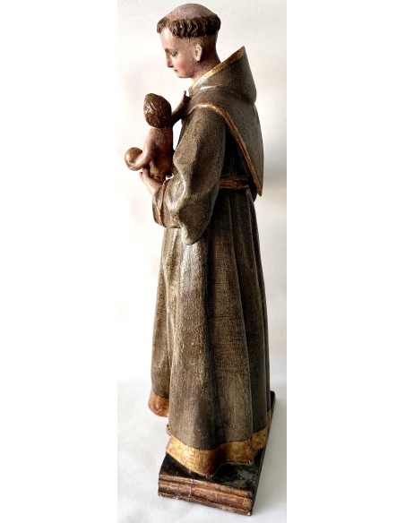 Talla de madera policromada de San Antonio de Padua del siglo XVIII en venta.