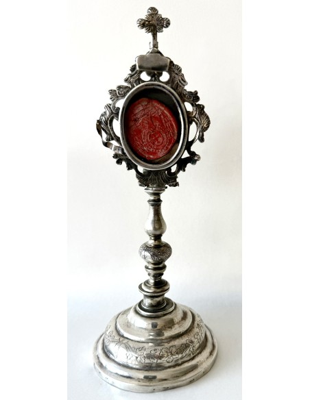 Antiguo Relicario custodia de plata siglo XVIII, Beato Nicolás Factor.